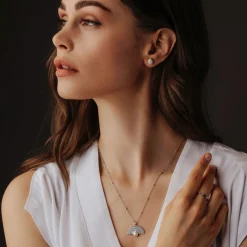 Jacques Lemans Necklace Sterling Silver With White Topaz Gemstones & Pearl><noscript><img width=